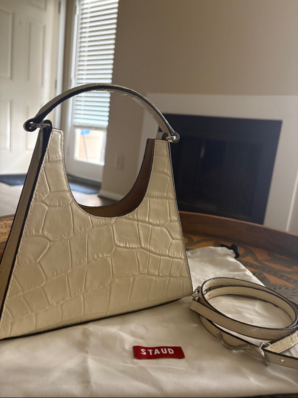 STAUD Cream Croc-Embossed Mini Tote with Top Handle and Strap